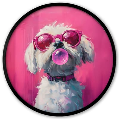 Poster in lijst Rond - Fotolijst 40x40 cm - Posters - Pink - Hond - Bubbel - Ronde posterlijst zwart - Decoratie - Wanddecoratie woonkamer - Muurdecoratie slaapkamer