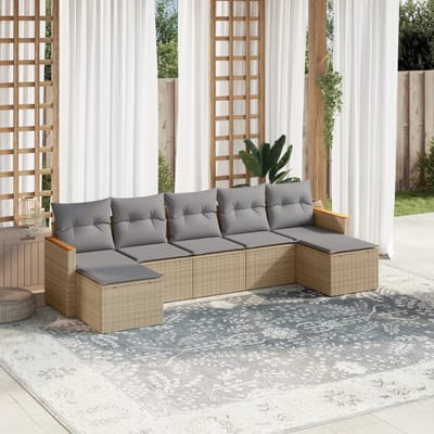 vidaXL - 7-delige - Loungeset - met - kussens - poly - rattan - gemengd - beige