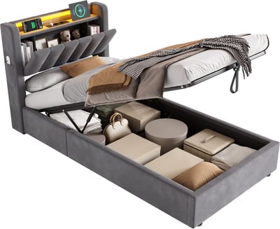 MODFU Gestoffeerd Bed 90x200 cm – 221,5x93,5x99,5 cm – Fluweel donkergrijs met LED, USB en hydraulische opbergruimte – Modern design