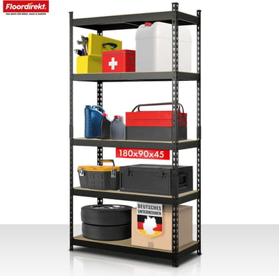 FLOORDIREKT Stellingen voor Zwaar Gebruik Rhino - Opbergrekken met 5 Legplanken - 1050 kg Draagvermogen - Innovatief Insteeksysteem - Zwart - 180 x 90 x 45 cm