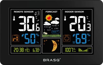 BRASQ Draadloos Weerstation binnen en buiten - Hygrometer - Luchtvochtigheidsmeter - Met buitensensor tot 60 meter - Thermometer - Barometer - inclusief batterijen