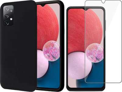 Hoesje geschikt voor Samsung Galaxy A13 4G - Matte Back Cover Microvezel Siliconen Case Hoes Zwart - Tempered Glass Screenprotector