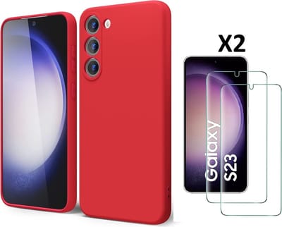 Hoesje Geschikt Voor Samsung Galaxy S23 Hoesje siliconen Rood zacht siliconen hoesje TPU backcover - Met Screenprotector - 2 stuks