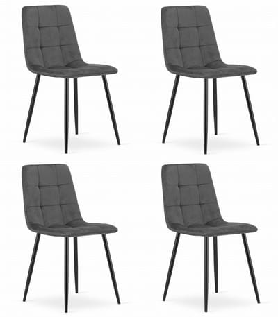 Set van 4 Eetkamerstoelen KARA Donkergrijs – Velvet Bekleding, Ergonomisch Design, Zwarte Metalen Poten, Comfortabele Zitting, Max. 120 kg