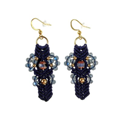 Donkerblauw Micro-Macramé Haakoorbellen met Agaat Dzi Steen, Lange Oorbellen Dames, Verguld RVS - Handgemaakt door esde2