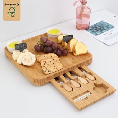 Luxe XL Kaasplank met Lade en Inclusief 4-delige Kaas Messen Set - Kaas Serveerplank - Bamboe Kaasplank met messen