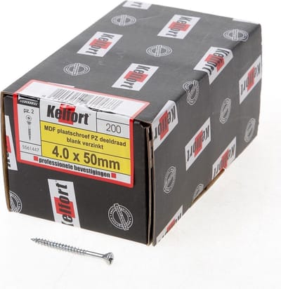 Kelfort MDF plaatschroef platverzonken kop pozidriv verzinkt deeldraad 4.0 x 50mm