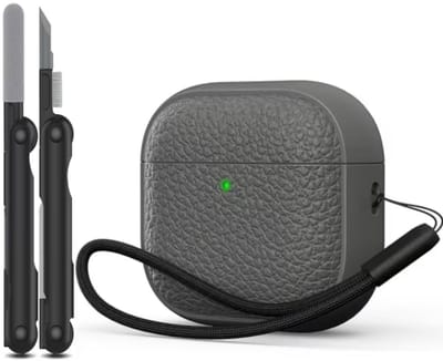 Grijs hoesje voor oordopjes unisex met textuur en draagkoord geschikt voor AirPods 4 inclusief reinigingsset en TPU beschermhoes