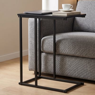 Lomera Bijzettafel Zwart - Banktafel C-Vorm - Sofa Tafel - Salontafel - Laptoptafel - Zijtafel - Bijzettafeltje - Sidetable - Koffietafel voor Bank en Woonkamer - Industriële Smalle Bijzettafel met Metalen Frame voor Bij de Bank