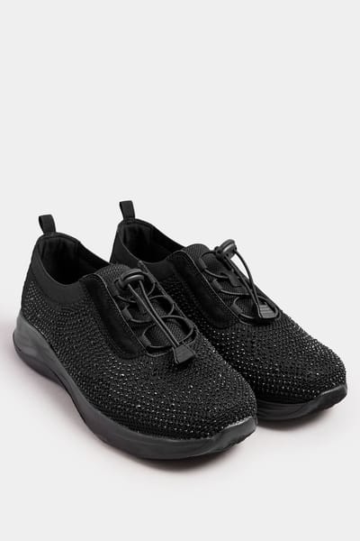 Yours Zwarte, Met Diamantjes Versierde Trekkoordsneakers In Extra Brede Eeepasvormsize 37EEE