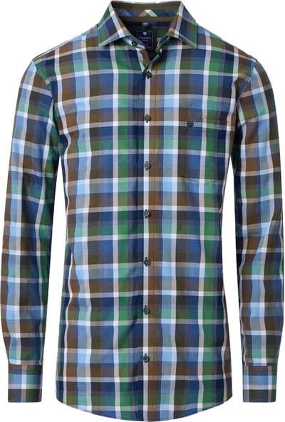 Redmond comfort fit overhemd - dobby - groen - blauw - bruin en wit geruit - Strijkvriendelijk - Boordmaat: 37 - 38