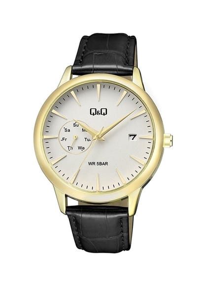 Q&Q A12A-005PY - Horloge - Heren - Mannen - Leren band - Rond - Metaal - Datumaanduiding - Streepjes - Zwart - Goudkleurig - Wit - 5 ATM