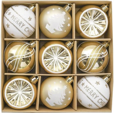 Allecto - Kerstboomversiering - 9st Kerstballen - Luxe Kraftpapier Verpakking - Wit Zilver Goud - Perfect voor Kerstmis - 6cm