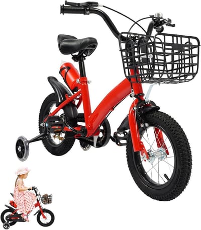 Kinderfiets met zijwielen - Loopfiets Oefenfiets - Leren fietsen - Inclusief mand en bidon - 12 inch - Rood