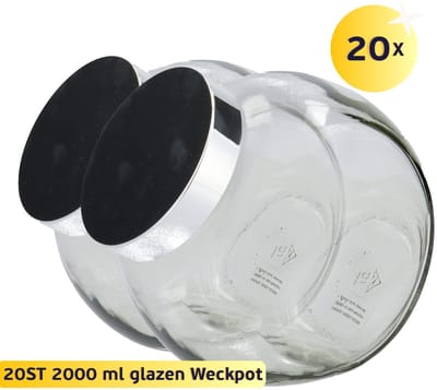 20x Snoeppot Glas met Deksel 2000 ml - Transparant en Zilveren Deksel - Voorraadpotten, Glazen Snoep Poten met Deksel - Robuust - Hervulbaar - 20 Potten