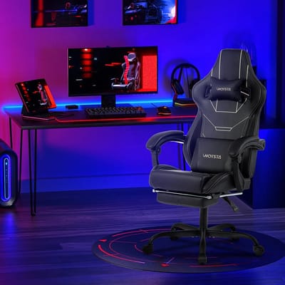 WOTSTA Gaming Stoel Ergonomische Bureaustoel met Voetsteun, Verstelbare Hoogte, 155° Kantelbare Rugleuning, Synthetisch Leer, Zwart