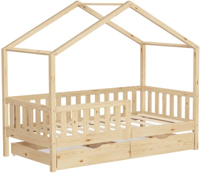 Kinderbed Huisbed met 2 laden 80x160 cm natuurlijk grenenhout Houten bed met dak en lattenbodem ML design