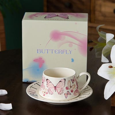 Hoge Waarde Vlinder Koffiekop Schotel Set Keramische Mok Meisje Drinkwater Kop Luxe High End Souvenir about 270ml