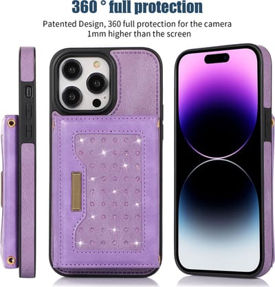 Apple iPhone 15 Pro Glitter Telefoonhoesje | Lederen Telefoonhoesje | Back Cover | Pasjeshouder | Paars