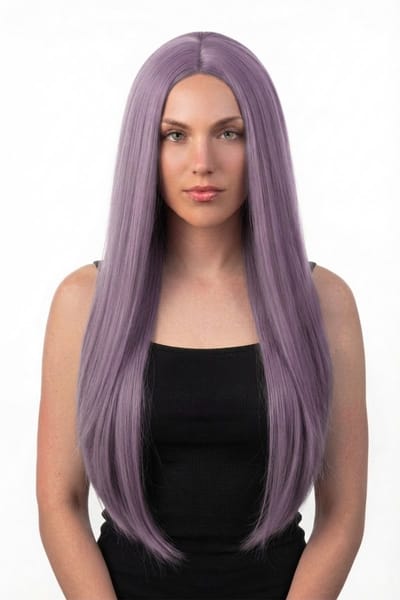KIMU® Luxe Lange Paarse Pruik - Middenscheiding - Haarwerk Krullen Pony - Purper Lichtpaars Lila Pastel Unicorn Eenhoorn Fantasy Festival