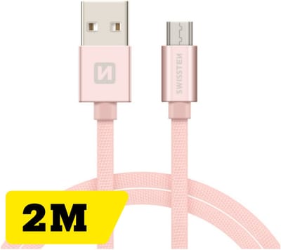 Swissten Lange Micro‑USB Oplaadkabel 2 meter – voor Samsung, Android, Powerbank & PS4 Controller – USB‑A Kabel – Roze