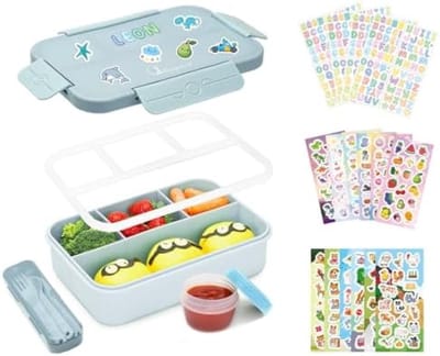 PromoHome Bento Lunchbox 1300 ml met 5 vakken, lekvrije afsluiting, magnetron- en vaatwasserbestendig, inclusief bestek en stickers - Grijs