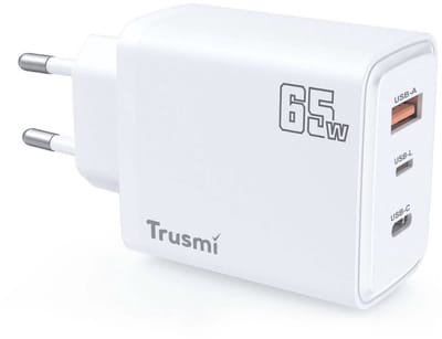 Trusmi | 65W | GaN | USB‑C Snellader | EU Adapter | 2x USB‑C & 1x USB‑A | Snelle Oplader voor Smartphone, Tablet en Laptop | Wit