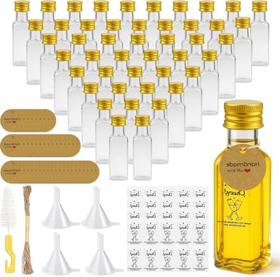 54 stuks 25ml kleine flessen voor vulling, herbruikbare mini flessen voor likeur, perfect voor bruiloften en feesten met etiketten