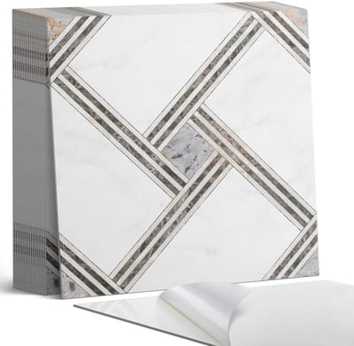 Coloray Plaktegels - Geometrisch patroon met lijnen Zelfklevende Tegels - 20 cm x 20 cm - Wit Plaktegels - 20 stuks - Vierkant PVC Tegels - Plaktegels Badkamer - Plaktegels Vloer - Vinyl Tegels Zelfklevend - Wandtegel Zelfklevend