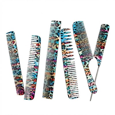 Multicolor kam set – 6 delige kunststof haar kammen set met luipaard print – brede en fijne tanden – styling kammen voor dames en heren – geschikt voor dagelijks gebruik