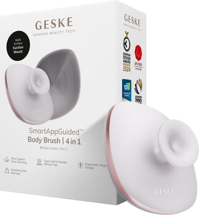 GESKE Body Brush | 4 in 1 | Ontwerp met metalen ring | Reinigingsborstel voor het hele lichaam | Dieptereiniging | Zachte siliconen borstelharen | Ergonomisch ontwerp met twee vingers