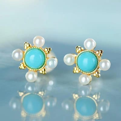 Oude gouden vakmanschap ingelegd met turkoois parel oorbellen voor vrouwen bloemen oorstekers mode exquise bruiloft sieraden blue