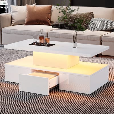 DESMIU Salontafel - Hoogglans Met Ledverlichting En Lade - Voor Woonkamer En Interieur - Spaanplaat - Wit - 100 X 50 X 39 Cm