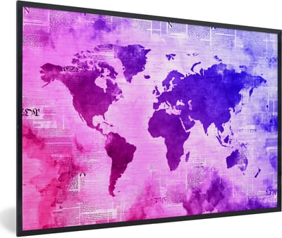 Poster in lijst - Fotolijst 90x60 cm - Posters - Wereldkaart - Roze - Blauw - Posterlijst zwart - Decoratie - Wanddecoratie woonkamer - Muurdecoratie slaapkamer