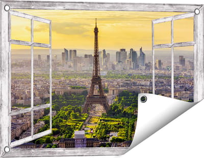 Gards Tuinposter Doorkijk Skyline van Parijs met de Eiffeltoren - 60x40 cm - Tuindoek - Tuindecoratie - Wanddecoratie buiten - Tuinschilderij