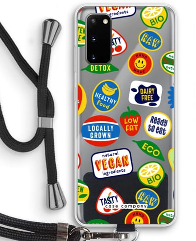 Case Company® - Hoesje met koord geschikt voor Samsung Galaxy S20 hoesje met Koord - Fruitsticker - Telefoonhoesje met Zwart Koord - Bescherming aan alle Kanten en Over de Schermrand