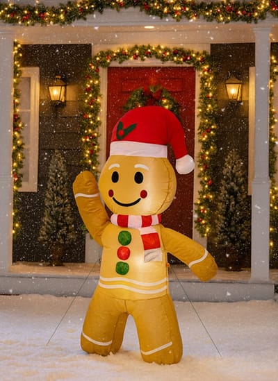 HEM Opblaasbare Peperkoekman / Gingerbread Pop – 123 cm Hoog – Met LED Verlichting – Inclusief Opbergzak, 3 Grondpennen en Scheerlijnen