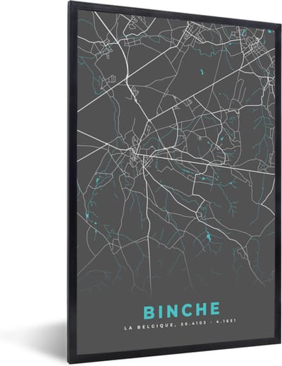 Fotolijst incl. Poster - Plattegrond – Binche – Blauw – Stadskaart - Kaart - België - 40x60 cm - Posterlijst