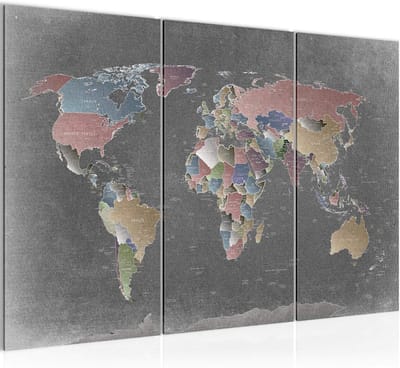 Wereldkaart Schilderij - Landen Decoratie - Woonkamer Aankleding - 3 Delig Ontwerp - 120 x 80 cm - Kleurrijk