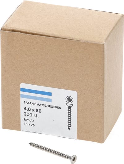 Hoenderdaal Spaanplaatschroef RVS platverzonken kop TX20 voldraad 4.0X50 (per 200 stuks)
