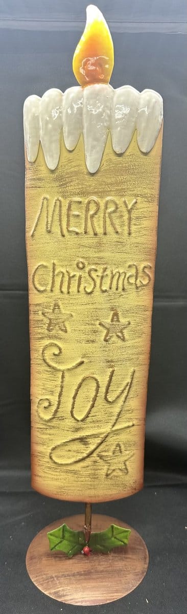 Decoratieve metalen Kerst kaars "Merry Christmas & Joy" op standaard - metaal - meerkleurig - hoogte 39 x 10 x 1 cm - Kerst accessoires - Woonaccessoires