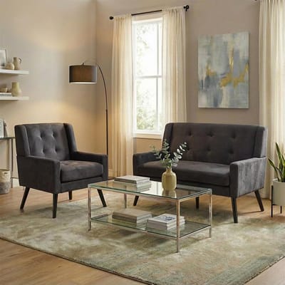 BLACKCOLORS Set van 2 bijzetstoelen (enkele stoel en dubbele stoel) – vulling van schuim met hoge dichtheid, aangenaam aanvoelende en duurzame stof, massief houten poten met beschermende glijders voor de vloer, voor de woonkamer en het thuiskantoor