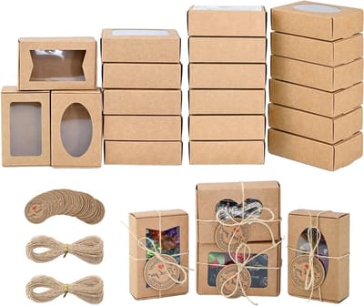 Kraftpapieren geschenkdozen met kijkvenster - 24 stuks + 24 kaarten + jute koord - Perfect voor koekjes, zeep, sieraden, kerstcadeaus en DIY verpakkingen