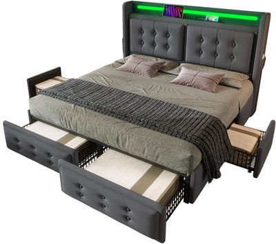 140x200cm stoffen bed - met leren hoofdbord en USB-C oplaadfunctie - met 4 lades - opbergbed - grijs - zonder matras