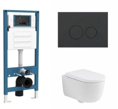 QeramiQ Dely Swirl Toiletset - inbouwreservoir Qeramiq Flush - 35mm zitting - kunststof mat antraciete bedieningsplaat - ronde knoppen - mat wit