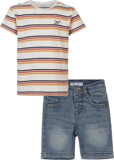 Noppies - Dirkje - Kledingset - 2delig - Jongens - Jeans Short blauw - Shirt Rowley Oatmeal melange - Maat 92