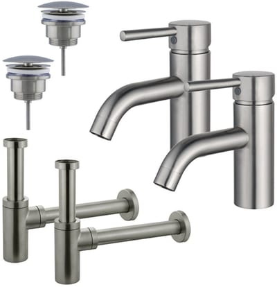 FugaFlow Eccelente Sobrado Badkamer Wastafelkraanset - voor dubbele wastafel - lage wastafelkraan - always open plug - design sifon - PVD Geborsteld RVS