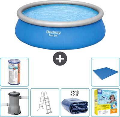 Bestway Rond Opblaasbaar Fast Set Zwembad - 457 x 122 cm - Blauw - Inclusief Pomp - Ladder Solarzeil - Onderhoudspakket - Filter - Grondzeil