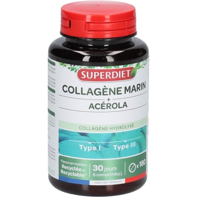 Superdiet Marine Collageen & Acerola 180 Tabletten - Gehydrolyseerd Marien Collageen met Vitamine C - Voor Huid, Kraakbeen, Pezen & Ligamenten - Draagt Bij aan Collageenvorming - Voedingssupplement