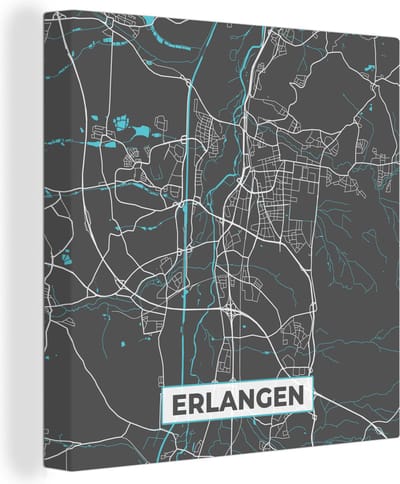 Canvas Schilderij Duitsland – Blauw – Erlangen – Stadskaart – Kaart – Plattegrond - 20x20 cm - Wanddecoratie